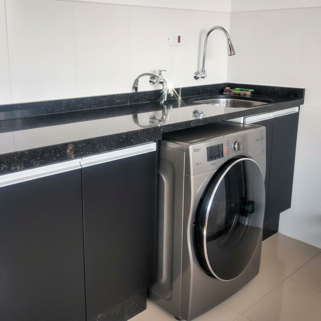 Detalhe de bancada de área de serviço planejada em pedra preta com máquina lava e seca embutida sob medida.