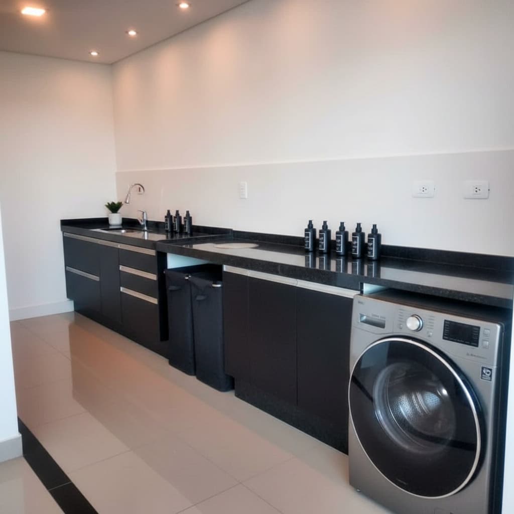 Gabinete de lavanderia planejado em preto fosco com puxadores perfil de alumínio e espaço para cestos organizadores.
