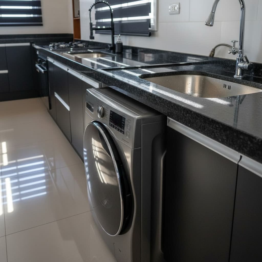 Tanque de inox embutido em bancada de granito preto, com armário planejado inferior para produtos de limpeza.